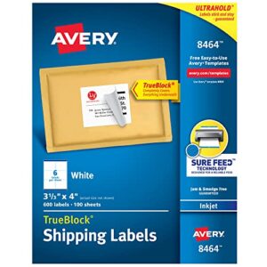 avery shipping address labels, inkjet printers, 600 labels, 3-1/3×4 labels, permanent adhesive, trueblock (8464)