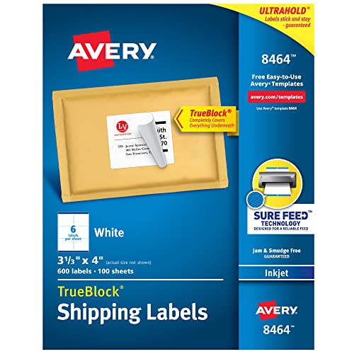 Avery Shipping Address Labels, Inkjet Printers, 600 Labels, 3-1/3x4 Labels, Permanent Adhesive, TrueBlock (8464)