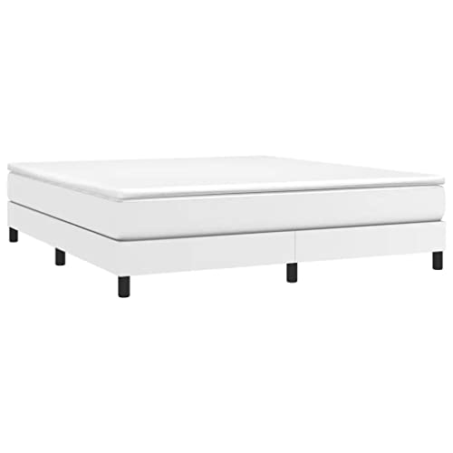 vidaXL Box Spring Bed Frame Home Indoor Bedroom Bed Accessory Wooden Upholstered Double Bed Base Furniture White 76"x79.9" King Faux Leather