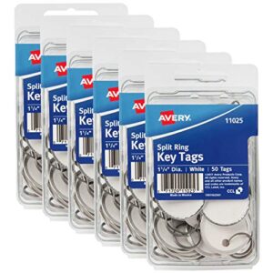avery metal rim key tags 6-pack, 1.25″ diameter tag, metal split ring, white, 300 tags total (13128)