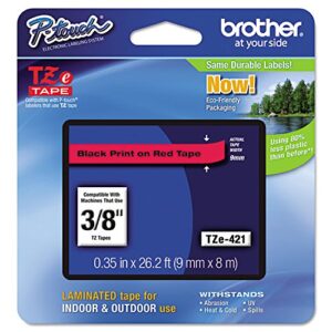 brother tze421 tze standard adhesive laminated labeling tape, 3/8-inch w, black on red