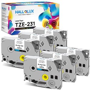 hallolux compatible label tape replacement for brother p-touch tze-231 tze231 tze-231s use with label maker pt-d400 pt-d600 pt-h300 pt-p700, black on white, 0.47 inch (12mm) x 26.2 feet (8m), 6-pack