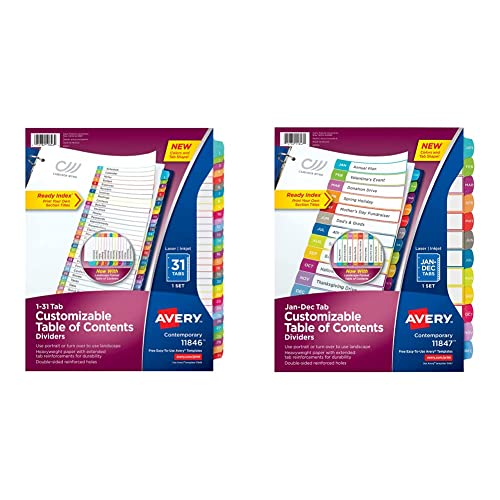 Avery 31-tab Dividers for 3 Ring Binders, 1 Set (11846) & 12-tab Dividers for 3 Ring Binders, Customizable Table of Contents, Multicolor Tabs, 1 Set (11847)