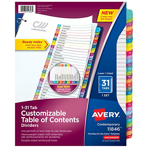 Avery 31-tab Dividers for 3 Ring Binders, 1 Set (11846) & 12-tab Dividers for 3 Ring Binders, Customizable Table of Contents, Multicolor Tabs, 1 Set (11847)