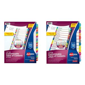 avery 31-tab dividers for 3 ring binders, customizable table of contents, multicolor tabs, 1 set & 12 tab dividers for 3 ring binders, customizable table of contents, multicolor tabs, 1 set (11843)