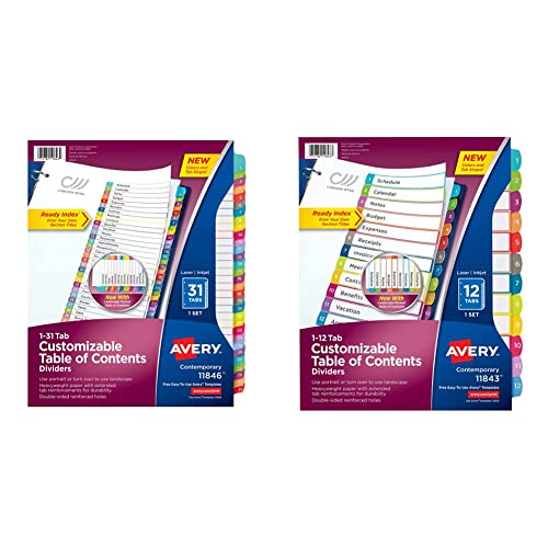 Avery 31-tab Dividers for 3 Ring Binders, Customizable Table of Contents, Multicolor Tabs, 1 Set & 12 Tab Dividers for 3 Ring Binders, Customizable Table of Contents, Multicolor Tabs, 1 Set (11843)