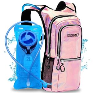 SOJOURNER Rave Hydration Pack Backpack - 2L Water Bladder Included for Festivals, Raves, Hiking, Biking, Climbing, Running and More (Medium) (Holographic - Pink)