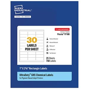 avery ultraduty ghs labels, waterproof, 1 x 2-5/8 inch rectangle labels, pack of 750 white labels for use with pigment inkjet printers