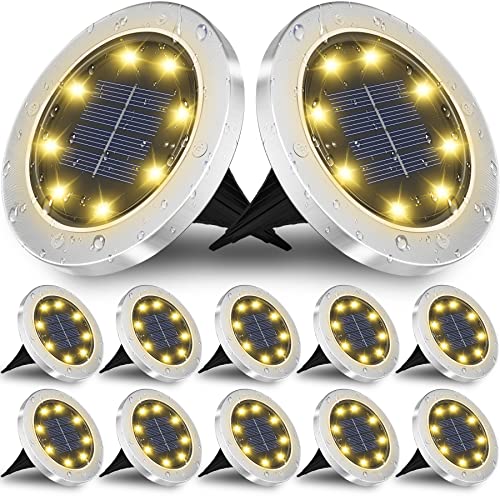 Otdair Solar Ground Lights, 8 LED Warm Light Outdoor Solar Disk Lights, Waterproof In-Ground Lights, Solar Garden Lights, Landscape Lights for Pathway, Yard, Deck, Patio, Walkway, 12 Packs