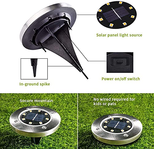 Otdair Solar Ground Lights, 8 LED Warm Light Outdoor Solar Disk Lights, Waterproof In-Ground Lights, Solar Garden Lights, Landscape Lights for Pathway, Yard, Deck, Patio, Walkway, 12 Packs