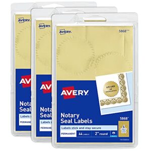 avery notary seal labels, 2″ diameter, printable gold certificate seals, inkjet, 3-pack, 132 gold seals total (35868)
