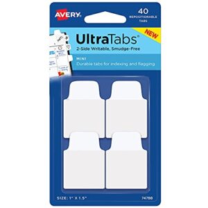 Avery Ultra Tabs, 3" x 1.5", 2-Side Writable, White, 24 Repositionable Filing Tabs (74776) & Avery Mini Ultra Tabs, 1" x 1.5", 2-Side Writable, White, 40 Repositionable Tabs (74788)