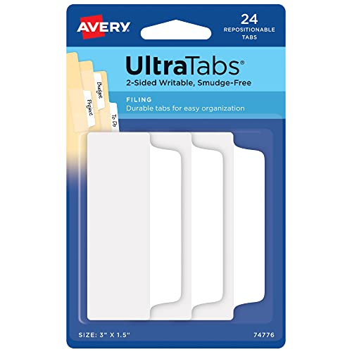 Avery Ultra Tabs, 3" x 1.5", 2-Side Writable, White, 24 Repositionable Filing Tabs (74776) & Avery Mini Ultra Tabs, 1" x 1.5", 2-Side Writable, White, 40 Repositionable Tabs (74788)