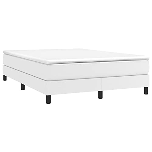 vidaXL Box Spring Bed Frame Home Indoor Bedroom Bed Accessory Wooden Upholstered Double Bed Base Furniture White 53.9"x74.8" Full Faux Leather