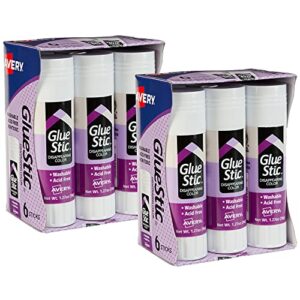 avery glue stic, disappearing purple, washable, non-toxic, 1.27oz, 6 glue sticks, 2-pack, 12 total (10222)