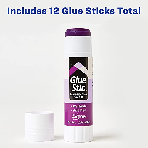 Avery Glue Stic, Disappearing Purple, Washable, Non-Toxic, 1.27oz, 6 Glue Sticks, 2-Pack, 12 Total (10222)