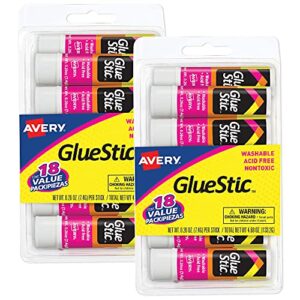 avery glue stic value pack, white, washable, nontoxic, 0.26 oz, 18 per pack, 2 packs, 36 permanent glue sticks total (50224)
