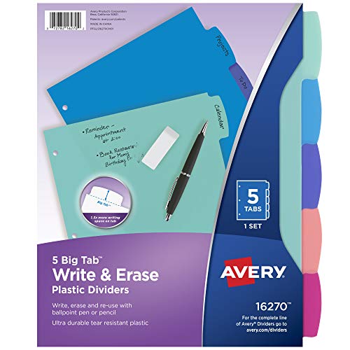 Avery Durable Plastic 5-Tab Write & Erase Big Tab Dividers for 3 Ring Binders, Pastel Brights (16270) & Big Tab Write & Erase Durable Plastic Dividers, 5-Tab Set, Multicolor Brights, 3 Sets (21212)