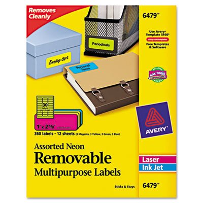 Avery 6479 Removable Self-Adhesive Color-Coding Labels44; 1 x 2.6344; Assorted Neon44; 360-Pack