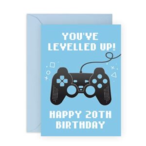 central 23 20th birthday card for him – ‘you’ve levelled up!’ – happy twentieth birthday – age 20 twenty – blue greeting card for gamers – fun card for adults, friends – son, brother, men