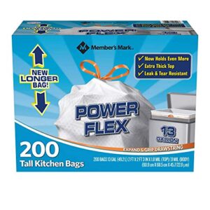 member’s mark 13 gal power flex, leak protection, tall kitchen simple fit drawstring bags 2 pack