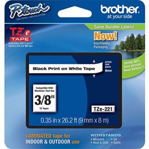 brother mobile tze221 p-touch standard laminated tape, 3/8″ w x 26.2′ l, black on white