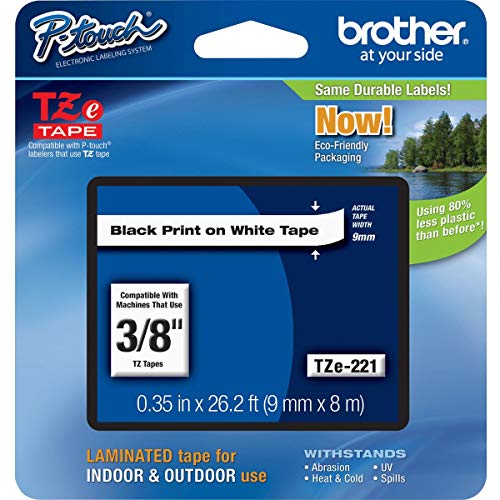 Brother Mobile TZE221 P-Touch Standard Laminated Tape, 3/8" W x 26.2' L, Black on White