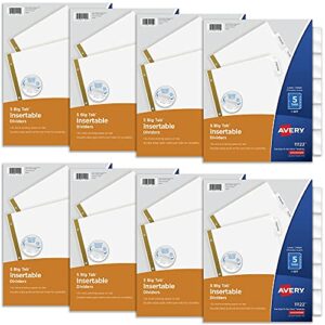 avery 5 tab binder dividers, white with insertable clear big tabs, 1 set pack, 8 packs, 8 sets total (11122)