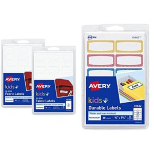 avery no-iron kids clothing labels, washer & dryer safe, assorted shapes & sizes, (2-pack) 90 labels (40700) & 0.75 x 1.75 inches durable labels for kids gear, assorted, pack of 60 (41442)