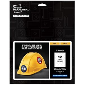 avery hard hat stickers, 2″ diameter, round printable vinyl stickers, laser printable, permanent, white, 60 helmet stickers total (61536)