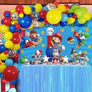 Super Brother Gold Coin Video Game Backdrop Cartoon Mushroom Turtle Happy Birthday Party Backdrop Background Baby Shower Supplies Cake Table Decoration Banner Photo Booth Props 7X5FT