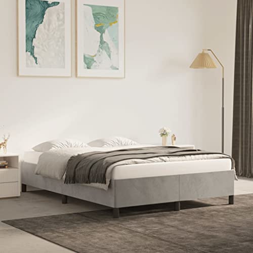 vidaXL Bed Frame Home Indoor Bed Accessory Bedroom Upholstered Wooden Double Bed Base Frame Furniture Light Gray 53.9"x74.8" Full Velvet