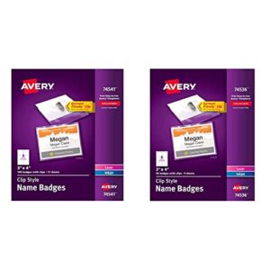 AVERY Clip Name Tags, Print or Write, 3" x 4", 100 Inserts & Badge Holders with Clips (74541) & Clip Name Badges, Print or Write, 3" x 4", 50 Inserts & Badge Holders with Clips (74536)
