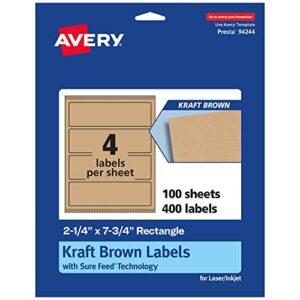 Avery Kraft Brown Rectangle Labels with Sure Feed, 2.25" x 7.75", 400 Kraft Brown Labels, Print-to-The-Edge, Laser/Inkjet Printable Labels