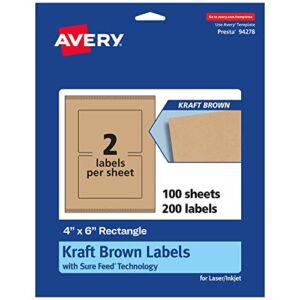 avery kraft brown rectangle labels with sure feed, 4″ x 6″, 200 kraft brown labels, print-to-the-edge, laser/inkjet printable labels