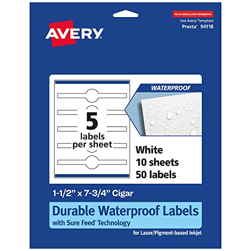 Avery Durable Waterproof Cigar Labels with Sure Feed, 1.5" x 7.75", 50 Oil and Tear-Resistant Waterproof Labels, Print-to-The-Edge, Laser/Pigment-Based Inkjet Printable Labels