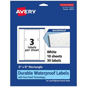 avery durable waterproof rectangle labels with sure feed, 3″ x 5″, 30 oil and tear-resistant waterproof labels, print-to-the-edge, laser/pigment-based inkjet printable labels