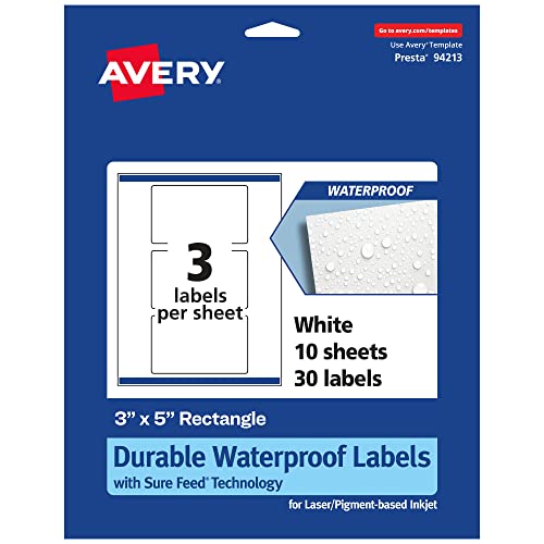 Avery Durable Waterproof Rectangle Labels with Sure Feed, 3" x 5", 30 Oil and Tear-Resistant Waterproof Labels, Print-to-The-Edge, Laser/Pigment-Based Inkjet Printable Labels