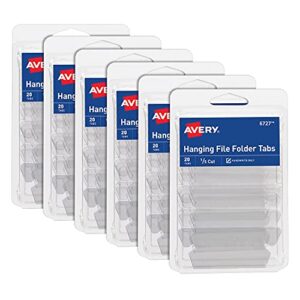 avery hanging file folder tabs and inserts, 1/5 cut, clear, 6-pack, 120 file folder tabs and inserts total (36727)