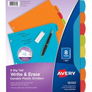 Avery Durable Plastic 8-Tab Write & Erase Big Tab Dividers for 3 Ring Binders, Pastel Brights (16271) & Big Tab Write & Erase Durable Plastic Dividers, 8 Multicolor Tabs, 1 Set (16130)