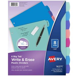 Avery Durable Plastic 8-Tab Write & Erase Big Tab Dividers for 3 Ring Binders, Pastel Brights (16271) & Big Tab Write & Erase Durable Plastic Dividers, 8 Multicolor Tabs, 1 Set (16130)