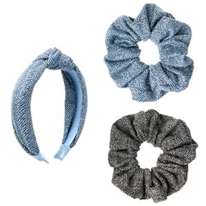black diamond twist knot headband and 2 scrunchies set (blue ribbed knit)