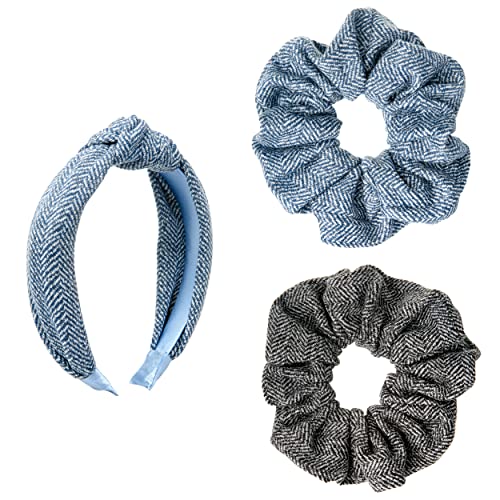 Black Diamond TWIST KNOT HEADBAND AND 2 SCRUNCHIES SET (Blue Ribbed Knit)