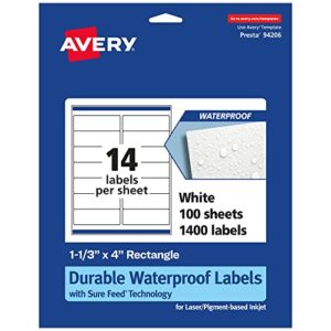 avery durable waterproof rectangle labels with sure feed, 1-1/3″ x 4″, 1,400 oil and tear-resistant waterproof labels, laser/pigment-based inkjet printable labels