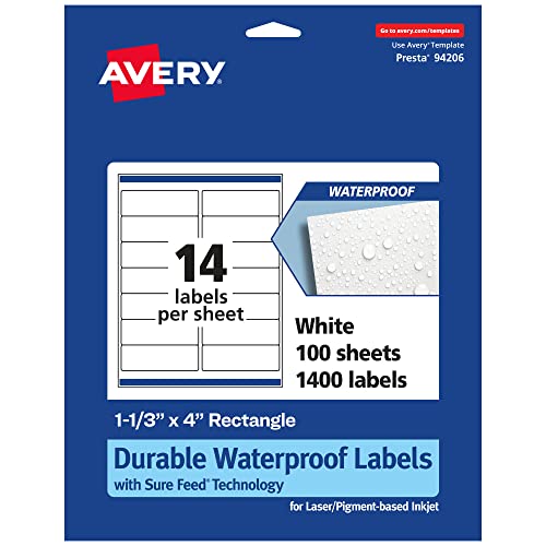 Avery Durable Waterproof Rectangle Labels with Sure Feed, 1-1/3" x 4", 1,400 Oil and Tear-Resistant Waterproof Labels, Laser/Pigment-Based Inkjet Printable Labels