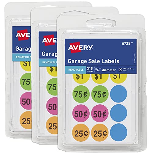 Avery Garage Sale Stickers, 3/4 Inch Round Labels, Assorted Colors, Removable Adhesive, Non-Printable, 3 Packs, 945 Pricing Stickers Total (21882)