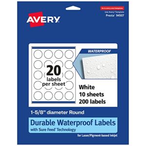avery durable waterproof round labels with sure feed, 1-5/8″ diameter, 200 oil and tear-resistant waterproof labels, print-to-the-edge, laser/pigment-based inkjet printable labels