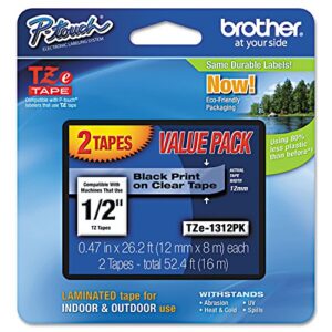 Brother Tze1312pk Tze Standard Adhesive Laminated Labeling Tapes, 1/2-Inch W, Black On Clear, 2/Pack