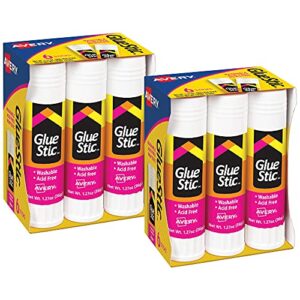 avery glue stic, white, washable, non-toxic, 1.27oz, 6 glue sticks, 2-pack, 12 total (10221)