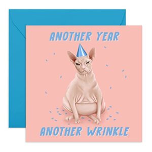 central 23 – funny animal birthday card – “sphynx cat another year another wrinkle” – for men & women – mom dad husband wife brother sister 21st 25th 30th 40th 50th 60th – comes with fun stickers